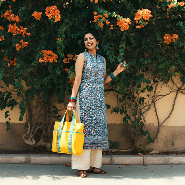 Sunshine Chevron Tote Bag – Yellow & Green Cotton Canvas Tote with Multiple Pockets | Yukti