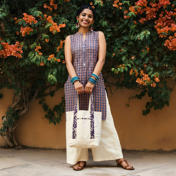 Bohemian Blossom Tote Bag – Off-White Canvas with Floral Kalamkari Accent & Smart Pockets | Yukti