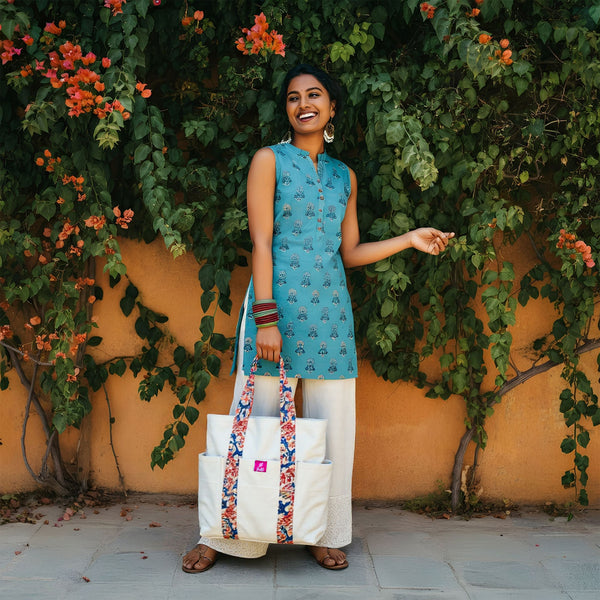 Bohemian Blossom Tote Bag – Off-White Canvas with Floral Kalamkari Handle & Pocket | Yukti