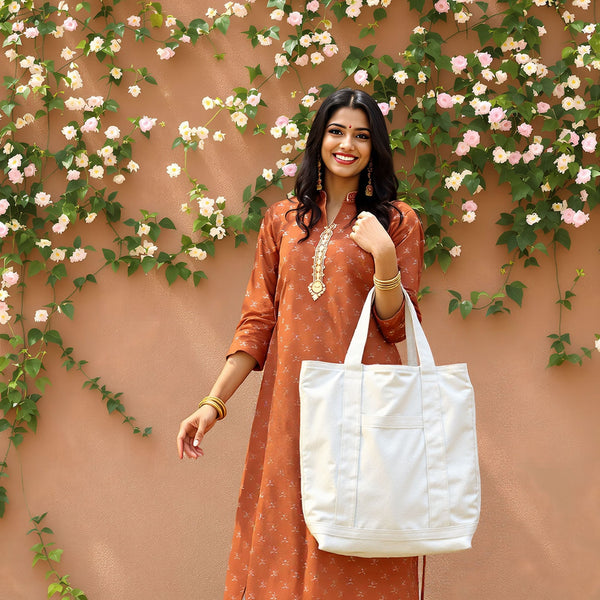 Classic Minimalist Tote Bag – Off-White Canvas with Laptop Sleeve & Pockets | Yukti