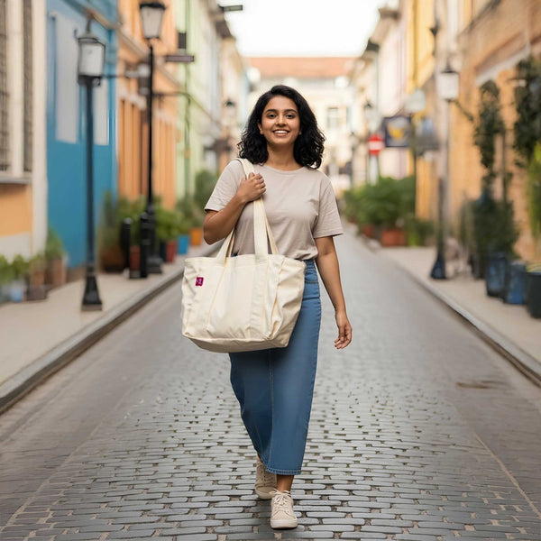 Everyday Organiser Tote Bag – Large Off-White Canvas Tote with Multiple Pockets | Yukti