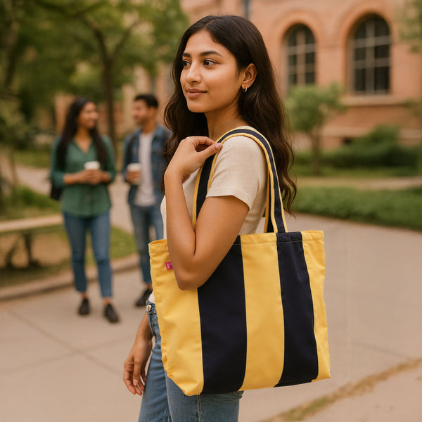 Mustard Stripe Tote Bag – Spacious Handcrafted Cotton Tote with Laptop Sleeve | Yukti