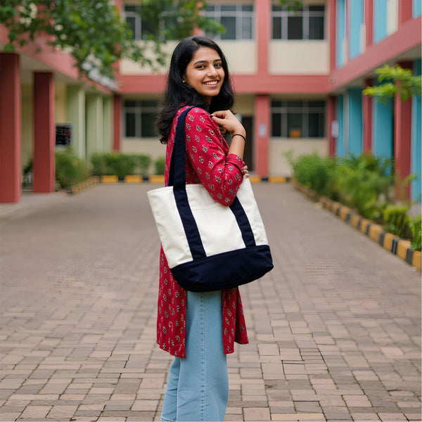 The Everyday Contrast Tote – Cream & Black Canvas Tote Bag with Laptop Pocket | Yukti