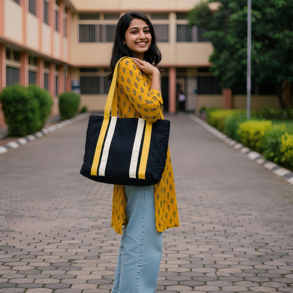 "Mustard Stripe Tote Bag – Artisan Cotton Tote with Laptop Sleeve & Pockets | Yukti"