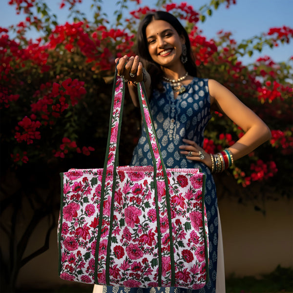 Petal Bloom Quilted Tote Bag Set – Hand-Block Printed Floral Canvas Tote + 3 Pouches | Yukti