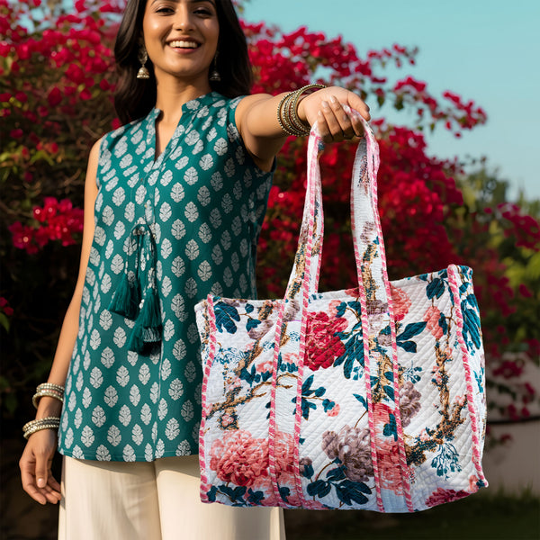 Floral Bloom Quilted Tote Bag Set – Hand-Block Printed Canvas Tote Bag + 3 Matching Pouches | Yukti