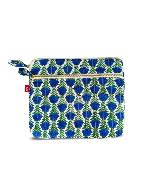 Yukti Blue Floral Handblock Printed Cotton Laptop Sleeve | 13x11 Inch Laptop Pouch/Laptop Cover