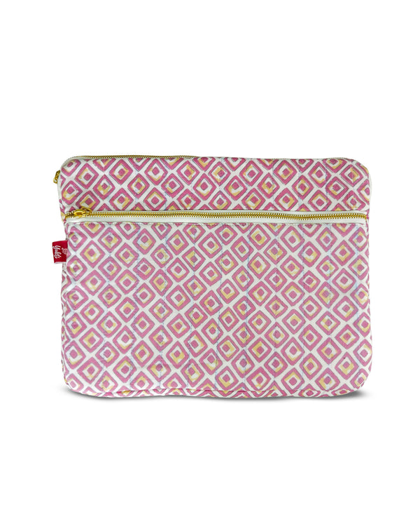 Yukti Pink Geometric Handblock Printed Cotton Laptop Sleeve | 13x10 Inch Laptop Pouch/Laptop Cover