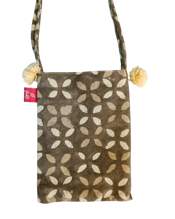 Yukti Earthen Leaf Cotton Sling Bag – 13x11 in | Handcrafted Abstract Leaf Sling with Magnetic Closure, Inner Pocket & Long Strap