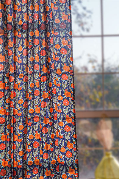Marigold Bloom Handblock Print Cotton Curtain