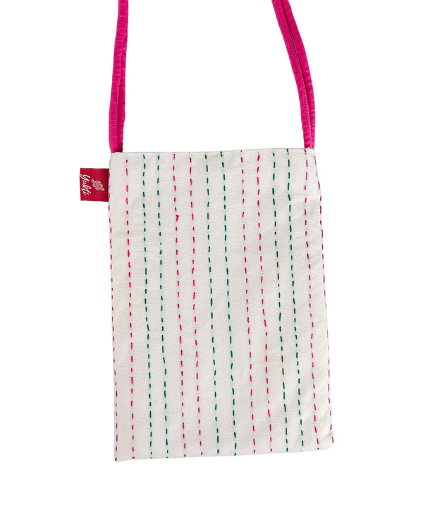Yukti Kantha Stitch Cotton Sling Bag – 13x11 in | Handcrafted Minimalist Sling with Magnetic Closure, Inner Pocket & Long Strap