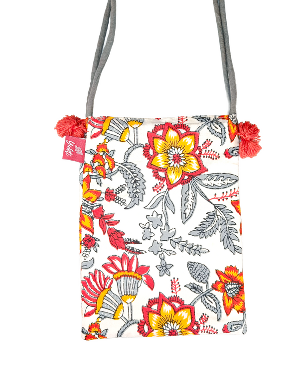 Yukti Saffron Bloom Cotton Sling Bag – 13x11 in | Handcrafted Vibrant Floral Sling with Magnetic Closure, Inner Pocket & Long Strap
